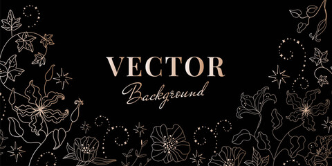 Black and gold elegant magic celestial background with line flowers and greenery, hand drown stars and magic spell sparkling curves. Good for fashion, beauty feminine advertisment.