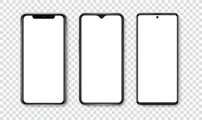 High quality realistic trendy smartphone with blank white screen. Phone mockup for visual UI UX app demonstration. Vector mobile set device concept