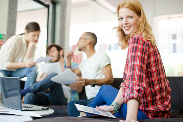 Woman working in cafe