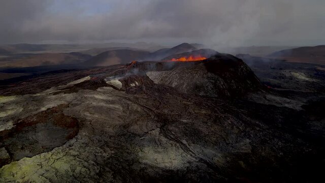 Impressive aerial view of the exploding red  lava  from the Active Volcano in Iceland