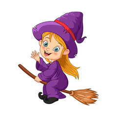 Cartoon Halloween witch girl flying on broom