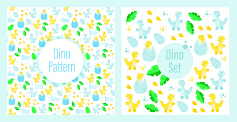 Dinosaurs set and pattern, on a white background. Vector graphics. Tyrannosaurus rex, Jurassic, dinosaur egg. Holiday theme, birthday. entertainment. Design for covers, books, notebooks, web sites.