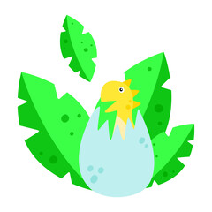 A cute dinosaur is hiding in the bushes. Illustration for baby products. For printing on paper. Vector graphics. White background. Large green leaves. Bright design.