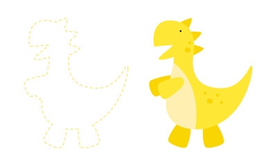 Vector graphics. Cute and bright yellow dinosaurs. Learning to draw on a contour line. Printout for preschoolers children. A exercise for the development of intelligence.
