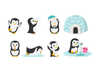 Collection of cute cartoon penguins with icehouse - dancing, eating ice cream, fishing. playing snowball. Winter decorative elements for printing on fabric, wrapping, greeting cards, banners. Vector