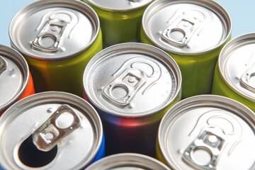 Many cans of soda, closeup
