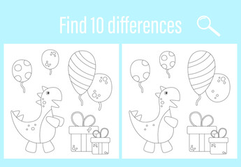 Printout for preschoolers. Find 10 differences coloring book. Vector graphics. Child development. Birthday, Dinosaur, Tyrannosaurus rex, Jurassic. For children's books, notebooks. Child's education.