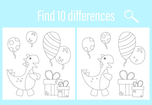 Printout for preschoolers. Find 10 differences coloring book. Vector graphics. Child development. Birthday, Dinosaur, Tyrannosaurus rex, Jurassic. For children's books, notebooks. Child's education.