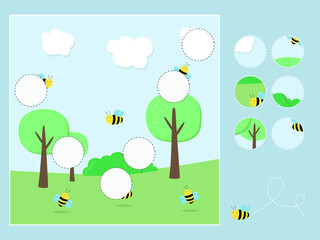 Assignments for preschoolers. A game for children. Illustration, bees fly in nature. Vector graphics. Design for children's books, notebooks. For printing on paper. Child development.