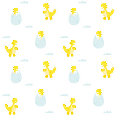 Seamless pattern, Vector graphics. Dinosaurs with balloons and a volcano. Dinosaurs in an egg. Birthday for children. Design for packaging, web site, invitations. White yellow.