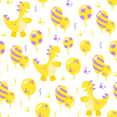 Birthday seamless pattern. On white background. Dinosaur, balloons, surprise, gift, show, children's party, new year, congratulations. Design for postcards, wrapping paper, invitations.