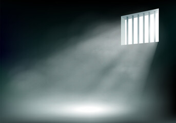 Rays of light through the metal prison bars. - obrazy, fototapety, plakaty