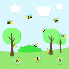 Tasks for children. Count the number of bees.
Bright, childish illustration, bees in nature. Vector graphics. Design for children's books, exercise books for preschoolers. Child development, counting.