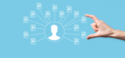 Document Management System DMS .Businessman hold user and document icon.Software for archiving, searching and managing corporate files and information.Internet Technology Concept.Digital security.