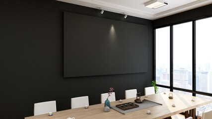 wooden office meeting room with black wall