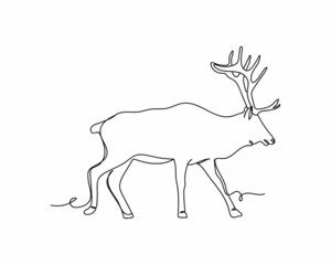 Continuous one line drawing of reindeer icon in silhouette on a white background. Linear stylized.
