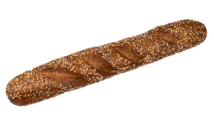 Baguette made of wheat and rye flour, with sesame and flax seeds, Fresh pastries on a white background.
