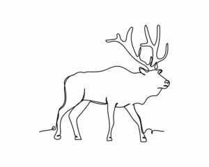 Continuous one line drawing of reindeer icon in silhouette on a white background. Linear stylized.