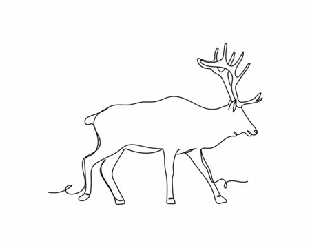 Continuous one line drawing of reindeer icon in silhouette on a white background. Linear stylized.