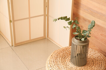 Vase with plant branches on pouf near folding screen