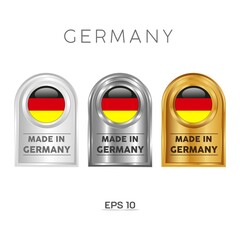 Made in Germany Label, Stamp, Badge, or Logo. With The National Flag of Germany. On platinum, gold, and silver colors. Premium and Luxury Emblem