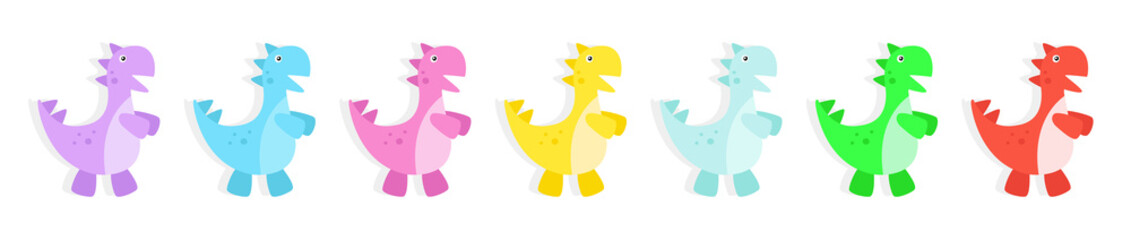 Dinosaur set, 7 colors. Vector graphics. Tyrannosaurus rex on a white background. Children's illustration of cute animals. Jurassic period. Dino stickers. For web sites, printing on papers.