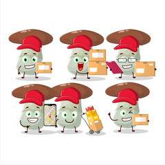 Cartoon character design of suillus mushroom working as a courier
