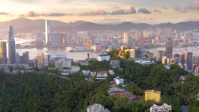 Amazing aerial footage of Victoria Harbour, Hong Kong, in evening sunset