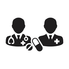 Doctor icon with patient vector with pill and tablet for medical treatment and consultation in a glyph pictogram illustration