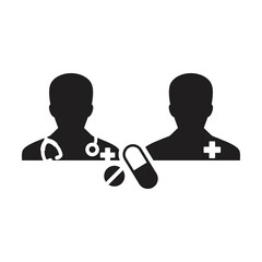 Medical icon doctor with patient vector with pill and tablet for medical treatment and consultation in a glyph pictogram illustration