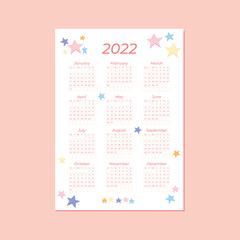 Cute 2022 Calendar Vertical Template, Yearly Calendar with Cute Star Background