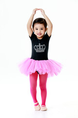 Portrait isolated studio shot of little cute preschool kindergarten ballerina dancer girl in pink tutu ballet dress legging and shoes costume standing posing practice dance in front white background