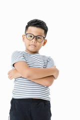 Cutout portrait of lovely Asian healthy boy wearing glasses and casual horizontal striped shirt...