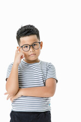 Cutout portrait of pity young Asian boy wearing glasses and casual horizontal striped shirt thinking and considering seriously on difficulty and hard to decide right solution or selection