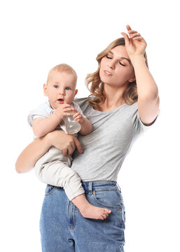 Tired Young Mother Giving Water To Her Cute Baby On White Background