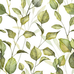 Square seamless pattern with watercolor realistic green leaves on white background. Hand painted botany twigs with leaves. Template for wrapping paper and textile print