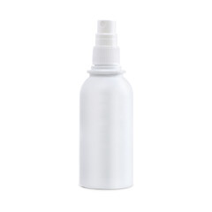 A white plastic bottle with a sprinkler. Packaging for various cosmetic and antiseptic products. Convenient modern packaging.