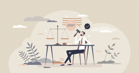 Legal advice as professional lawyer opinion about deal tiny person concept. Agreement questions answering and help from jurisprudence aspects vector illustration. Government law consultation service. - obrazy, fototapety, plakaty