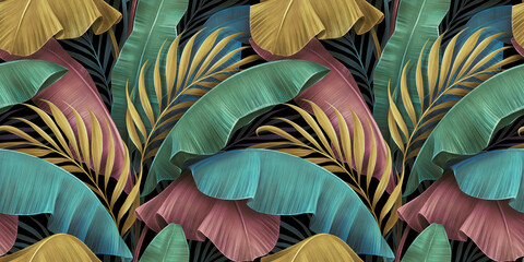 Tropical luxury exotic seamless pattern, pastel colorful banana leaves, palm. Hand-drawn vintage 3D illustration. Dark glamorous bright background design. For wallpapers, cloth, fabric printing, goods - obrazy, fototapety, plakaty