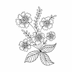 Free hand drawn floral arrangement element in doodle or sketch style. For greeting card, poster, invitation, coloring book page.