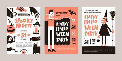 Vector set of Halloween party invitations or greeting cards with handwritten text and traditional symbols. - 454032823