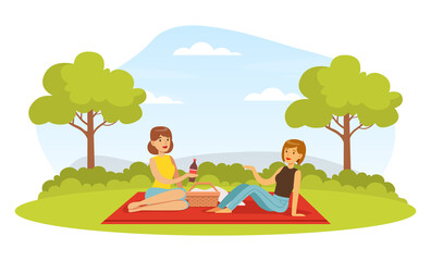Obraz na płótnie Canvas Female Friends on BBQ Picnic Eating Outdoors Sitting on Blanket with Hamper Vector Illustration