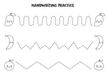 Tracing lines with cute black and white fruits. Writing practice.
