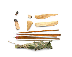 Palo Santo, herbs and incense on white background