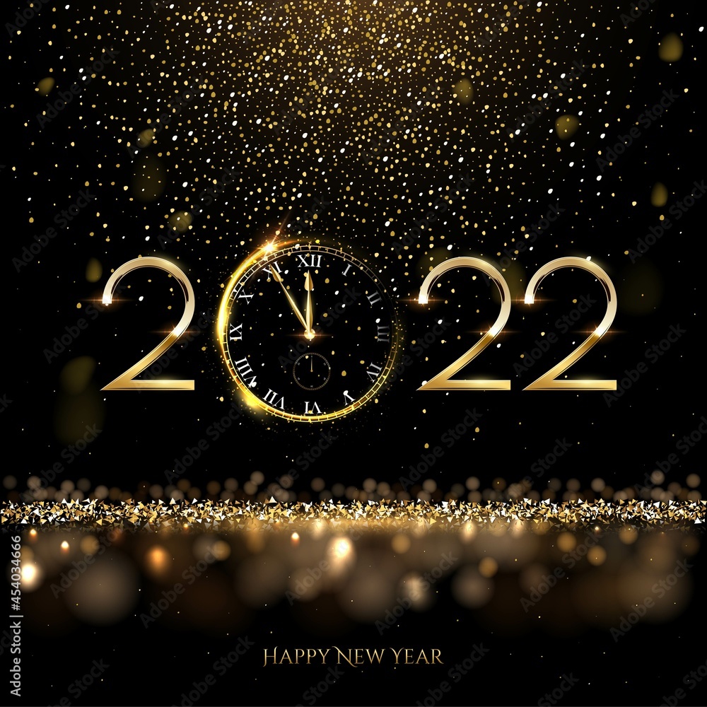 Wall mural happy new year 2022 clock countdown background. gold glitter shining in light with sparkles abstract