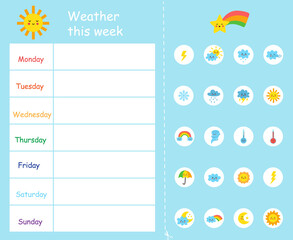 Fototapeta na wymiar Weather this week template for kids. Weather chart.