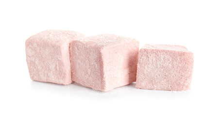Tasty sweet marshmallows on white background