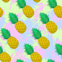 Pineapple seamless pattern on colorful smudges background. Tropical fruit repeating endless texture. Bright boundless background. Food surface pattern design. Editable tile for fabric or stationery