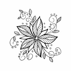 Free hand drawn floral arrangement element in doodle or sketch style. For greeting card, poster, invitation, coloring book page.