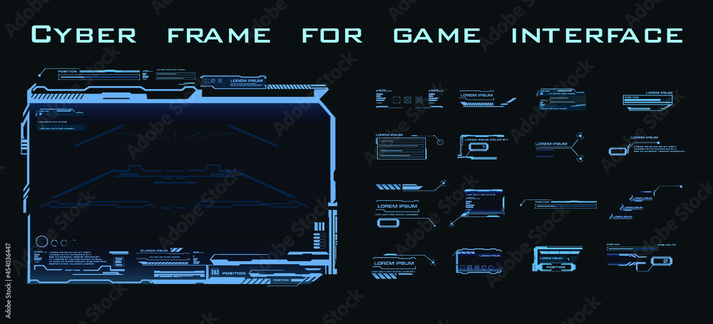 Fototapete Cyber frame for game interface. Set blocks square frames and callouts with text. Modern futuristic HUD user interface. High technology screen digital hologram window